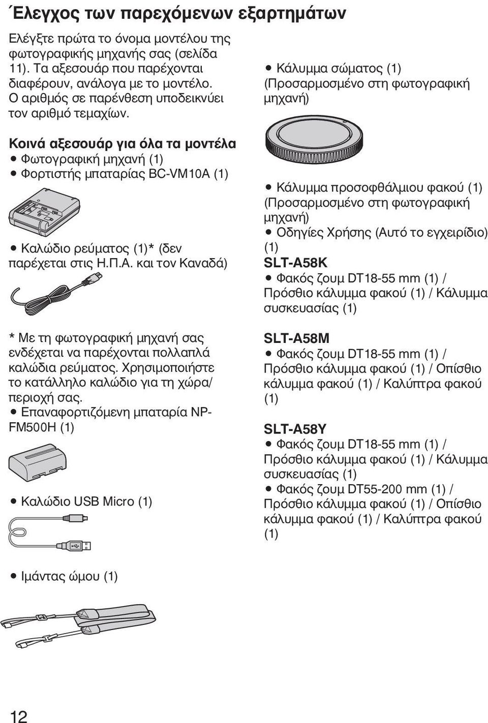 Κάλυμμα σώματος (1) (Προσαρμοσμένο στη φωτογραφική μηχανή) Κοινά αξεσουάρ για όλα τα μοντέλα Φωτογραφική μηχανή (1) Φορτιστής μπαταρίας BC-VM10A (1) Καλώδιο ρεύματος (1)* (δεν παρέχεται στις Η.Π.Α.