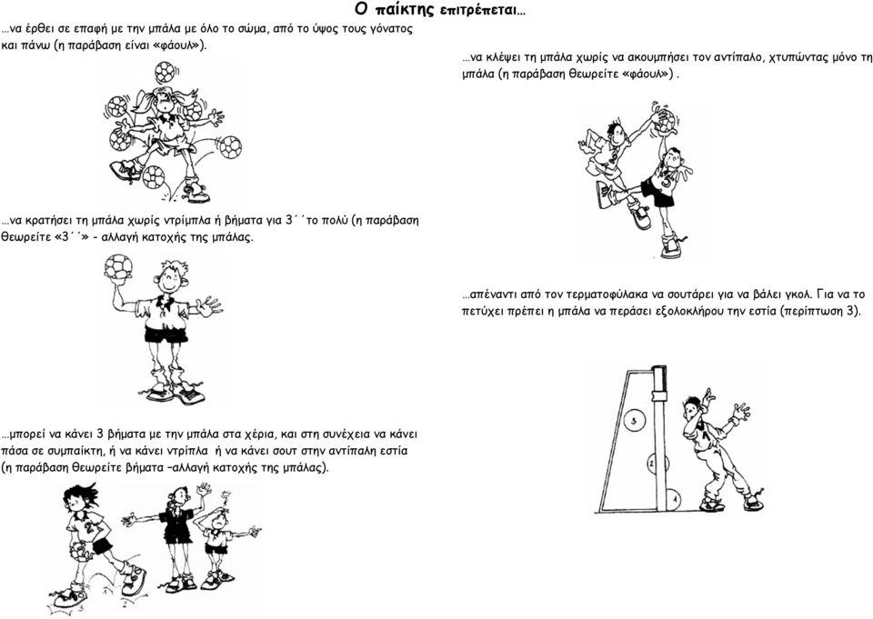 να κρατήσει τη µπάλα χωρίς ντρίµπλα ή βήµατα για 3 το πολύ (η παράβαση θεωρείτε «3» - αλλαγή κατοχής της µπάλας. απέναντι από τον τερµατοφύλακα να σουτάρει για να βάλει γκολ.