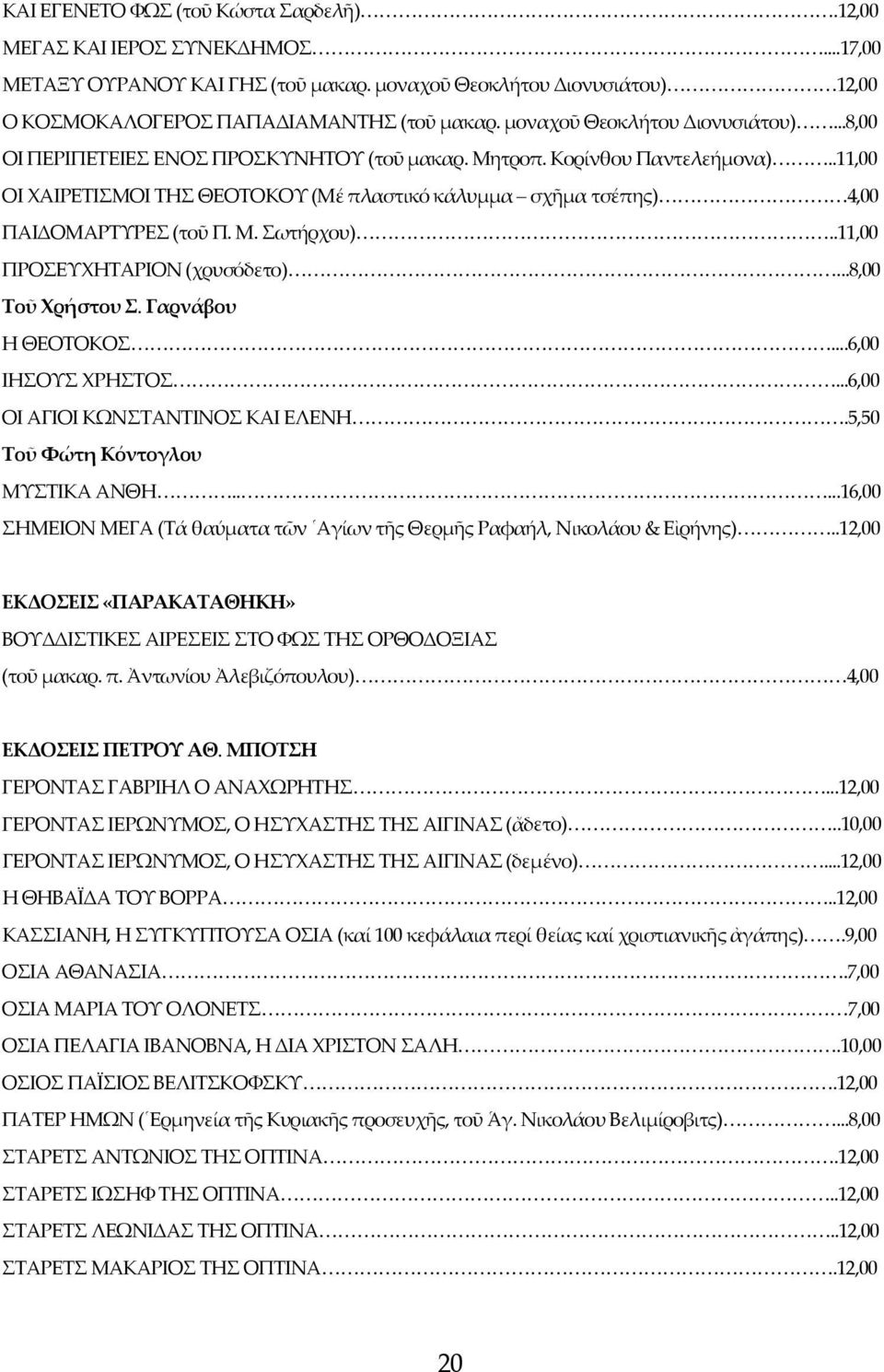 .11,00 ΟΙ ΧΑΙΡΕΤΙΣΜΟΙ ΤΗΣ ΘΕΟΤΟΚΟΥ (Μέ πλαστικό κάλυμμα σχῆμα τσέπης) 4,00 ΠΑΙΔΟΜΑΡΤΥΡΕΣ (τοῦ Π. Μ. Σωτήρχου)..11,00 ΠΡΟΣΕΥΧΗΤΑΡΙΟΝ (χρυσόδετο)...8,00 Τοῦ Χρήστου Σ. Γαρνάβου Η ΘΕΟΤΟΚΟΣ.