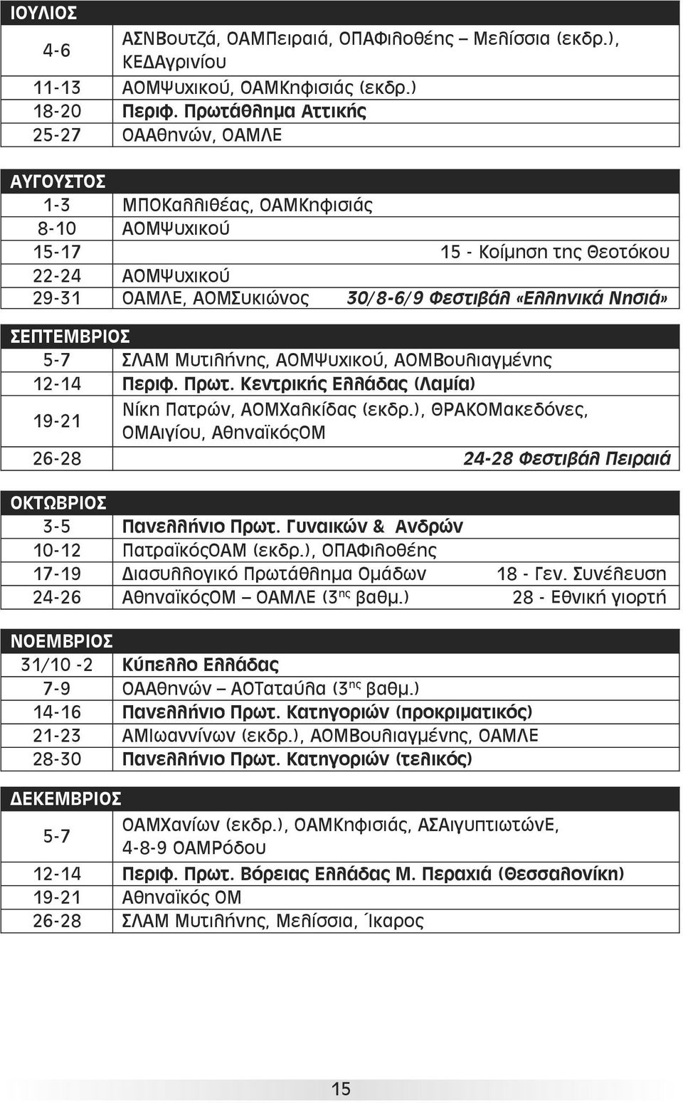 Νησιά» ΣΕΠΤΕΜΒΡΙΟΣ 5-7 ΣΛΑΜ Μυτιλήνης, ΑΟΜΨυχικού, ΑΟΜΒουλιαγμένης 12-14 Περιφ. Πρωτ. Κεντρικής Ελλάδας (Λαμία) 19-21 Νίκη Πατρών, ΑΟΜΧαλκίδας (εκδρ.