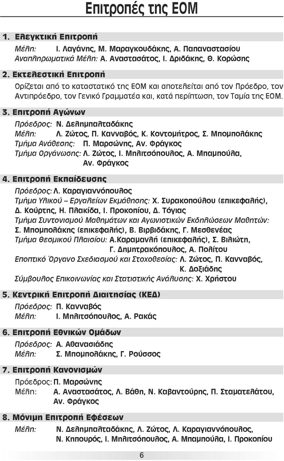 Δελημπαλταδάκης Μέλη: Λ. Ζώτος, Π. Κανναβός, Κ. Κοντομήτρος, Σ. Μπομπολάκης Τμήμα Ανάθεσης: Π. Μαρσώνης, Αν. Φράγκος Τμήμα Οργάνωσης: Λ. Ζώτος, Ι. Μηλιτσόπουλος, Α. Μπαμπούλα, Αν. Φράγκος 4.