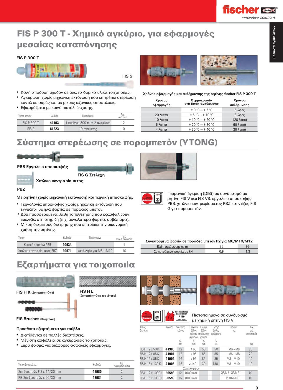 Τύπος ρητίνης Κωδικός Περιεχόµενο ανά κουτί FIS P 300 T 44103 1 φυσίγγιο 300 ml + 2 αναµίκτες 12 FIS S 61223 10 αναµίκτες 10 Χρόνος εφαρµογής και σκλήρυνσης της ρητίνης fischer FIS P 300 T Χρόνος