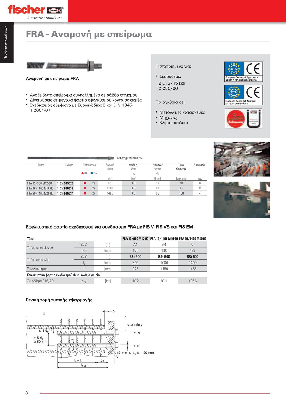 connections. Τύπος Κωδικός Πιστοποιητικό Συνολικό µήκος Ωφέλιμο µήκος Διάμετρος τρύπας Υλικό πλήρωσης Συσκευασία DIBt ETA l t fix d 0 [Ø mm] [scale units] τµχ.