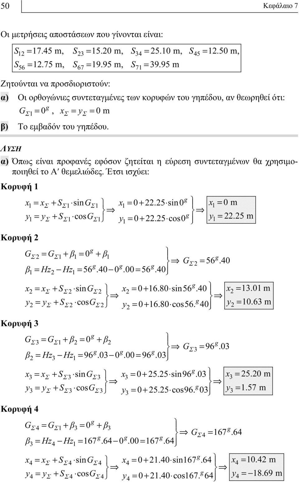 Σ Σ ΛΥΣΗ α) Όπως είναι προφανές εφόσον ζητείται η εύρεση συντεταγμένων θα χρησιμοποιηθεί το Αʹ θεμελιώδες. Έτσι ισχύει: Κορυφή 1 x1= xσ + SΣ1 singσ1 x1 = 0+ 22.