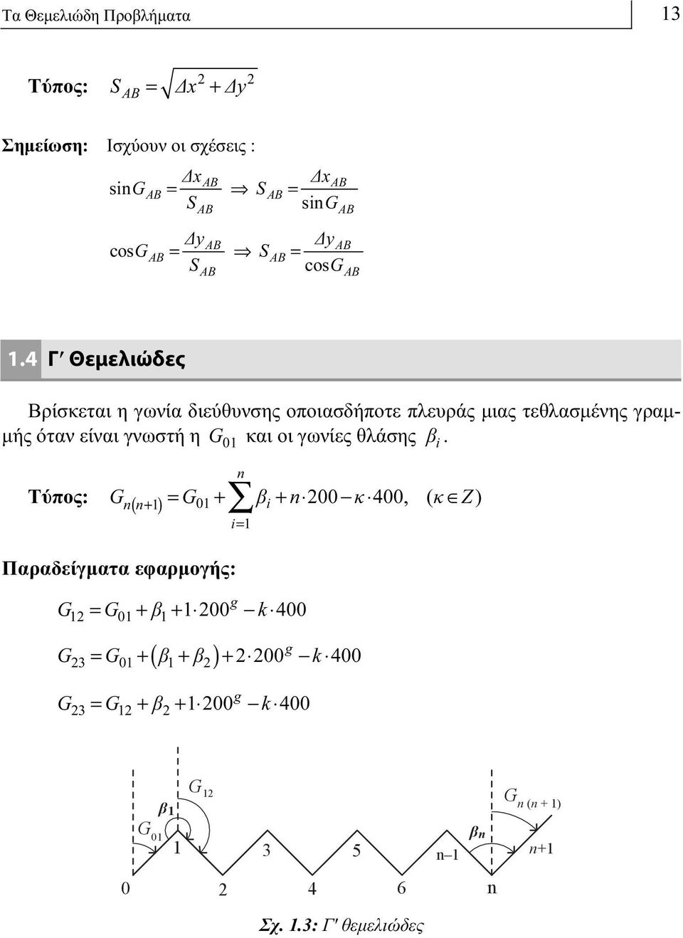 4 Γʹ Θεμελιώδες Βρίσκεται η γωνία διεύθυνσης οποιασδήποτε πλευράς μιας τεθλασμένης γραμμής όταν είναι γνωστή η G 01 και οι γωνίες