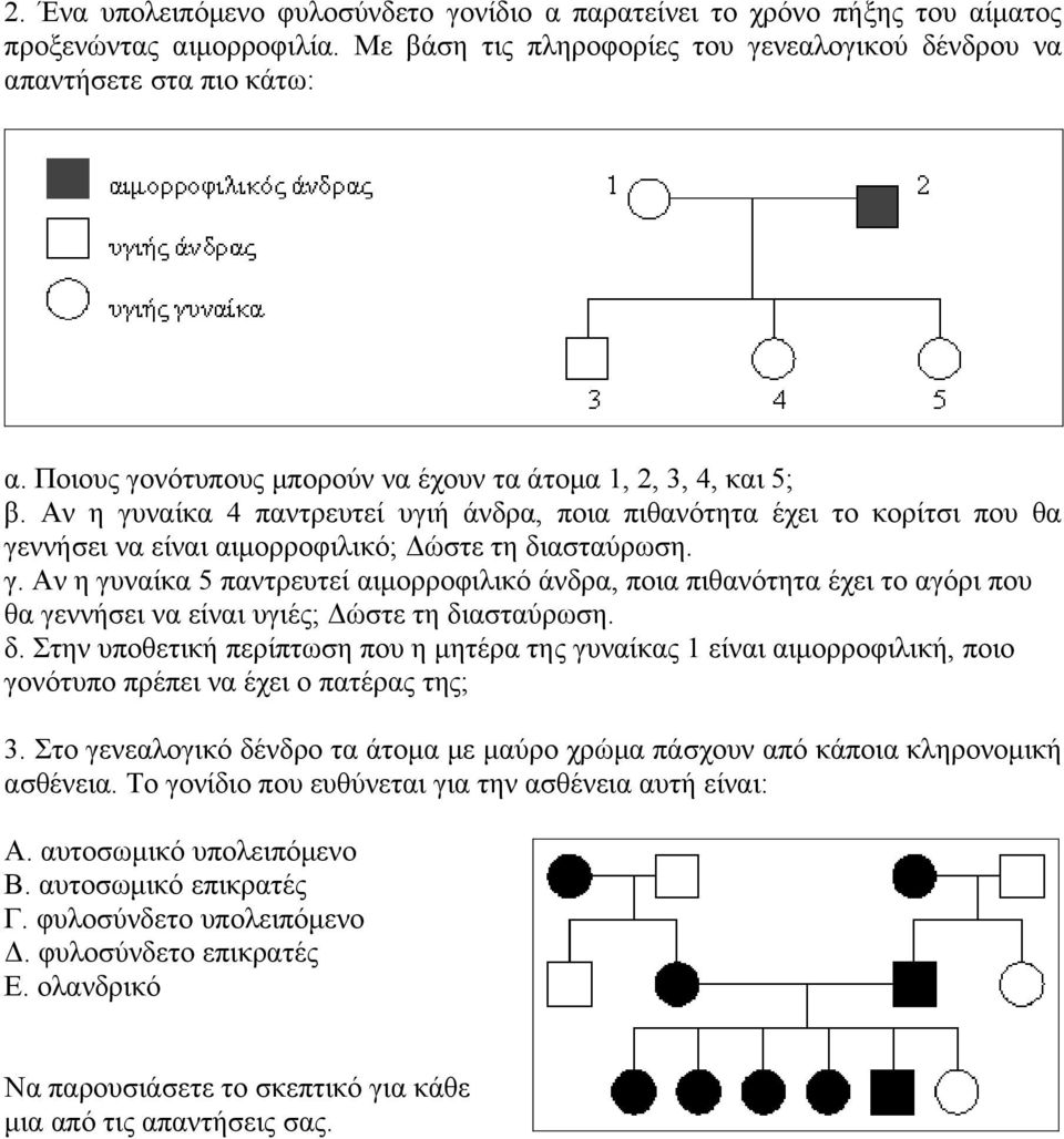 δ. Στην υποθετική περίπτωση που η μητέρα της γυναίκας 1 είναι αιμορροφιλική, ποιο γονότυπο πρέπει να έχει ο πατέρας της; 3.