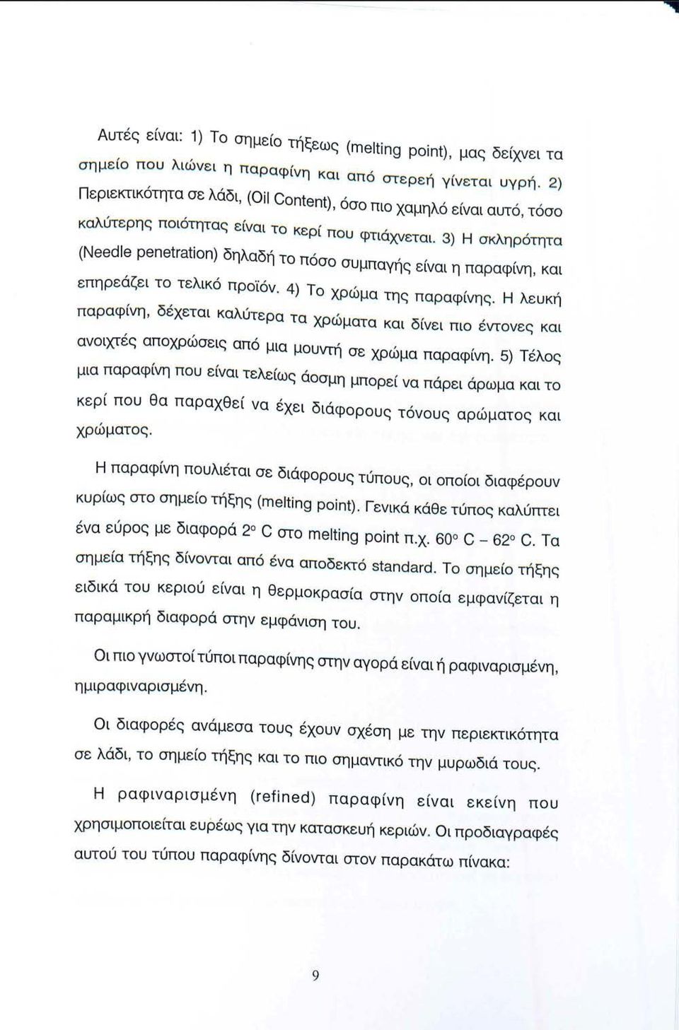 3) Η σκληρότητα (Needle penetration) δηλαδή το πόσο συμπαγής είναι η παραφίνη, επηρεάζει το τελικό προϊόν. 4) Το χρώμα της παραφίνης.