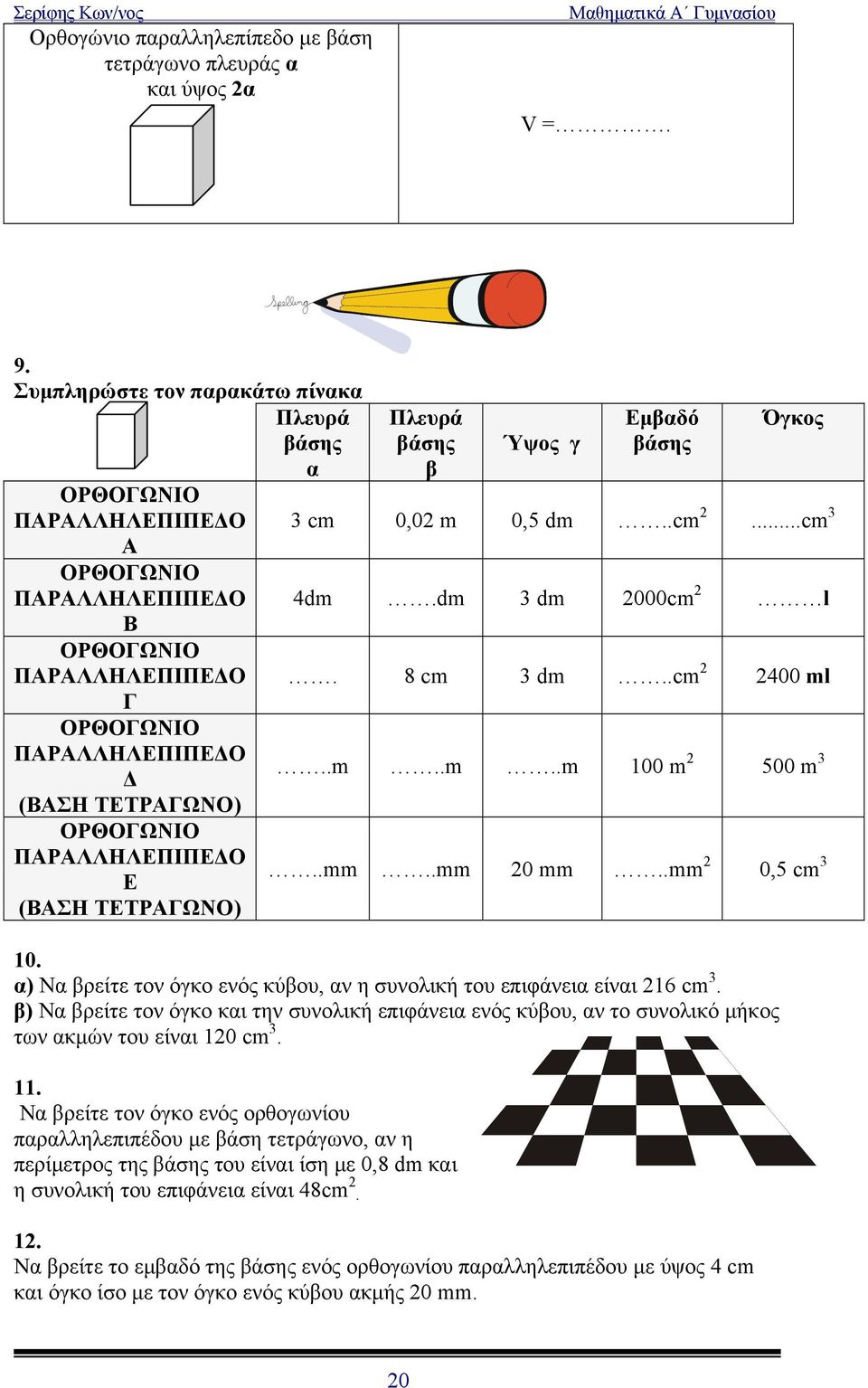 ΠΑΡΑΛΛΗΛΕΠΙΠΕΔΟ Ε (ΒΑΣΗ ΤΕΤΡΑΓΩΝΟ) Πλευρά βάσης β Ύψος γ Εμβαδό βάσης Όγκος 3 cm 0,02 m 0,5 dm..cm 2...cm 3 4dm.dm 3 dm 2000cm 2 l. 8 cm 3 dm..cm 2 2400 ml..m..m..m 100 m 2 500 m 3..mm..mm 20 mm.