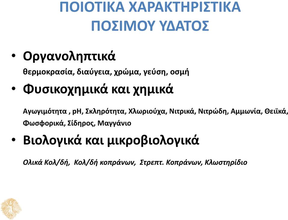 Χλωριούχα, Νιτρικά, Νιτρώδη, Αμμωνία, Θειϊκά, Φωσφορικά, Σίδηρος, Μαγγάνιο