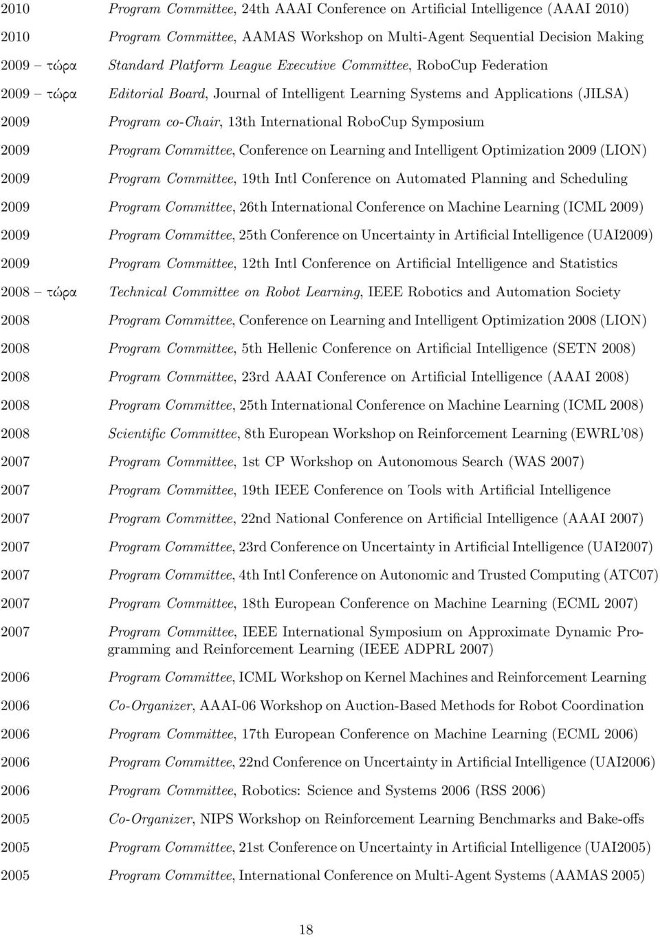 Program Committee, Conference on Learning and Intelligent Optimization 2009 (LION) 2009 Program Committee, 19th Intl Conference on Automated Planning and Scheduling 2009 Program Committee, 26th