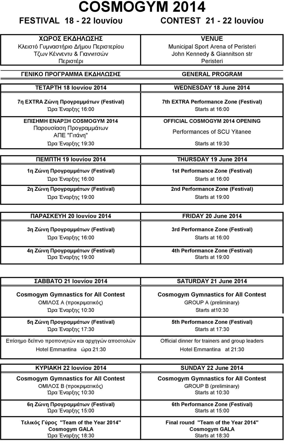 OFFICIAL COSMOGYM 2014 OPENING Performances of SCU Yitanee Ώρα Έναρξης 19:30 Starts at 19:30 ΠΕΜΠΤΗ 19 Ιουνίου 2014 THURSDAY 19 June 2014 1η Ζώνη Προγραμμάτων (Festival) 1st Performance Zone