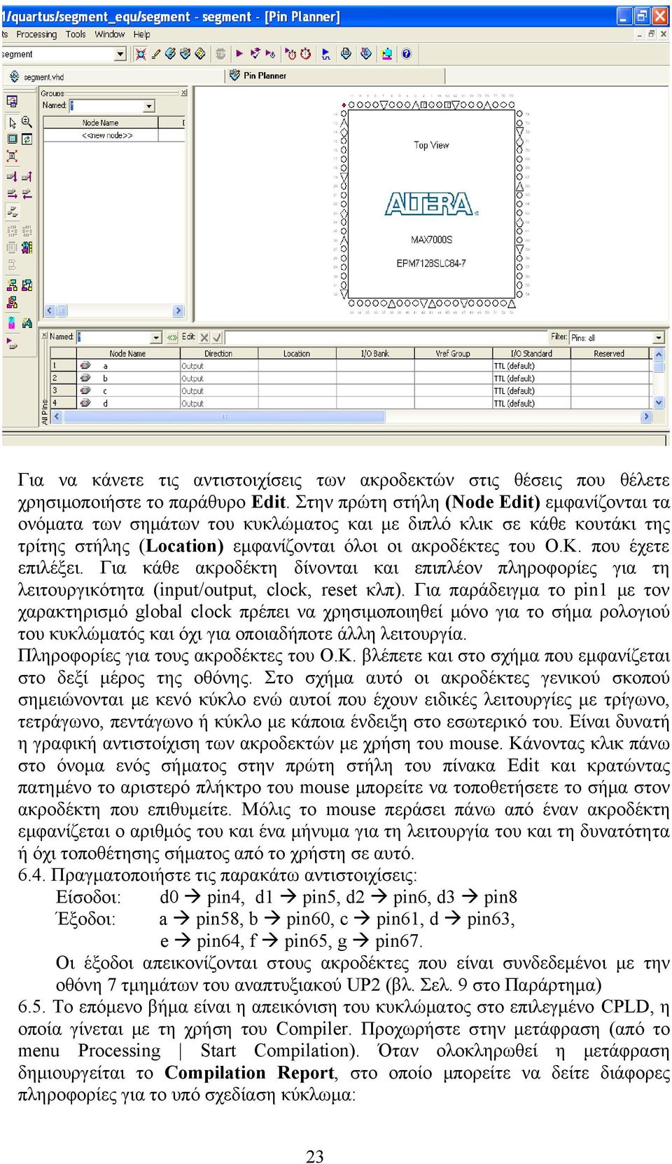 που έχετε επιλέξει. Για κάθε ακροδέκτη δίνονται και επιπλέον πληροφορίες για τη λειτουργικότητα (input/output, clock, reset κλπ).