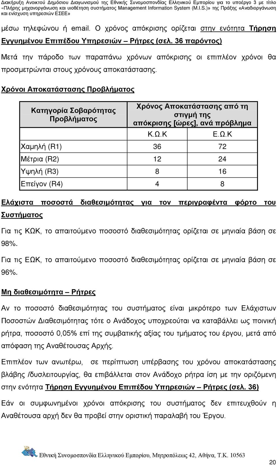 Χρόνοι Αποκατάστασης Προβλήματος Κατηγορία Σοβαρότητας Προβλήματος Χρόνος Αποκατάστασης από τη στιγμή της απόκρισης [ώρες], ανά πρόβλημα Κ.Ω.