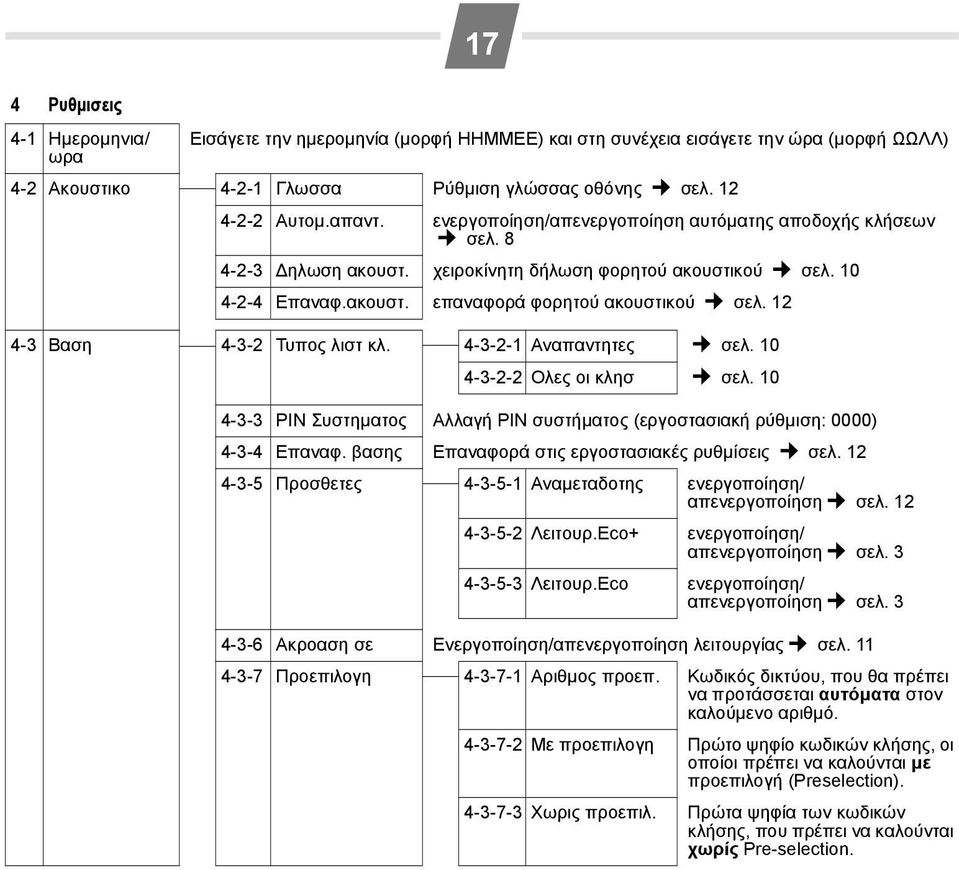 12 4-3 Βαση 4-3-2 Τυπος λιστ κλ. 4-3-2-1 Αναπαντητες σελ. 10 4-3-2-2 Ολες οι κλησ σελ. 10 4-3-3 PIN Συστηματος Αλλαγή PIN συστήματος (εργοστασιακή ρύθμιση: 0000) 4-3-4 Επαναφ.