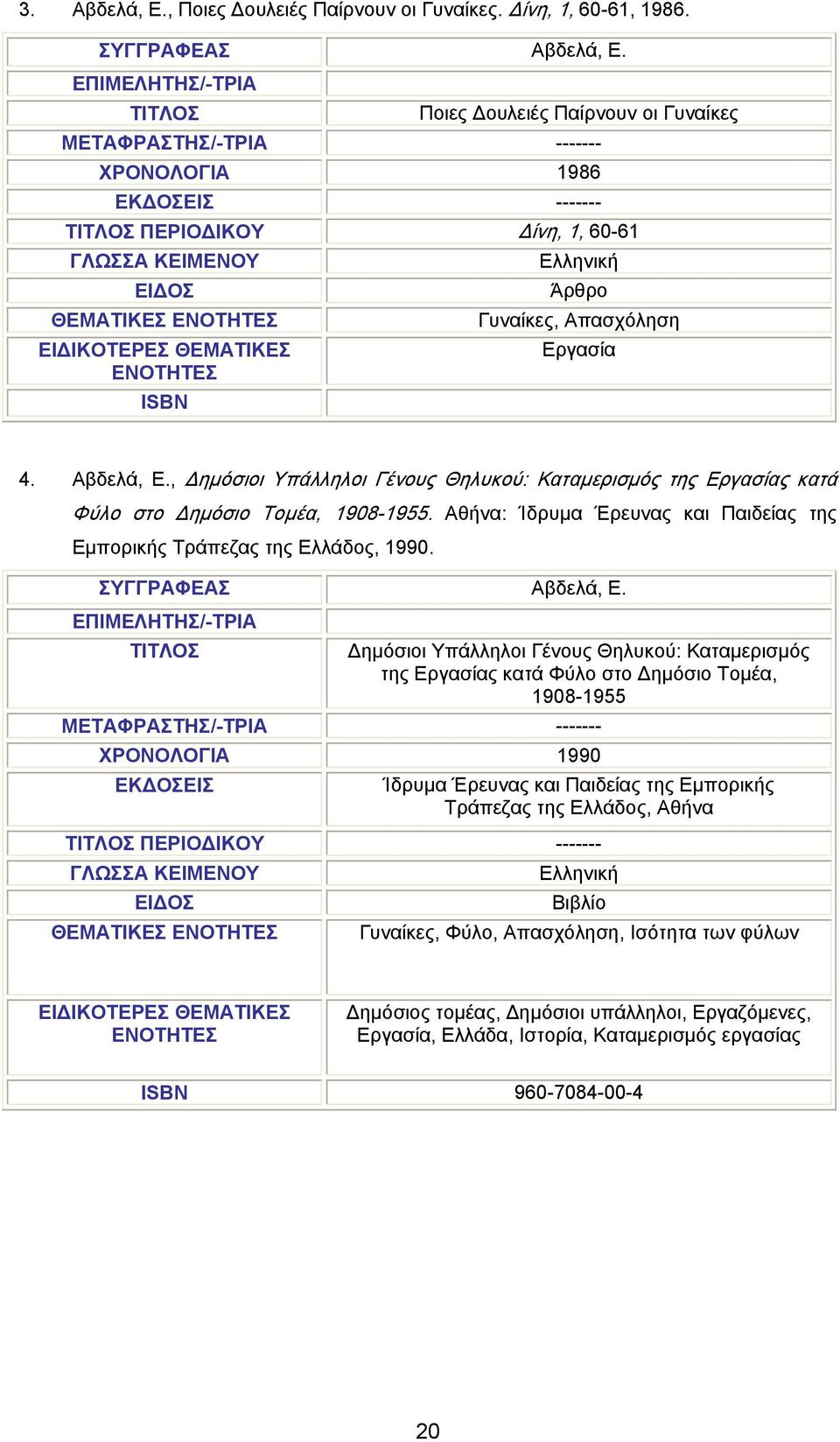 , Δημόσιοι Υπάλληλοι Γένους Θηλυκού: Καταμερισμός της Εργασίας κατά Φύλο στο Δημόσιο Τομέα, 1908-1955. Αθήνα: Ίδρυμα Έρευνας και Παιδείας της Εμπορικής Τράπεζας της Ελλάδος, 1990.