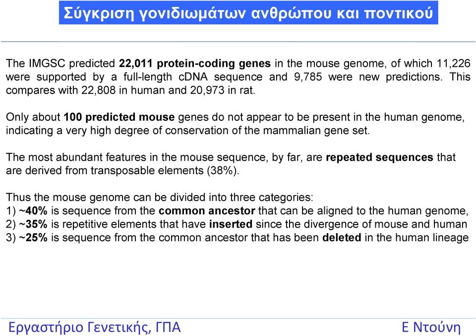 Only about 100 predicted mouse genes do not appear to be present in the human genome, indicating a very high degree of conservation of the mammalian gene set.