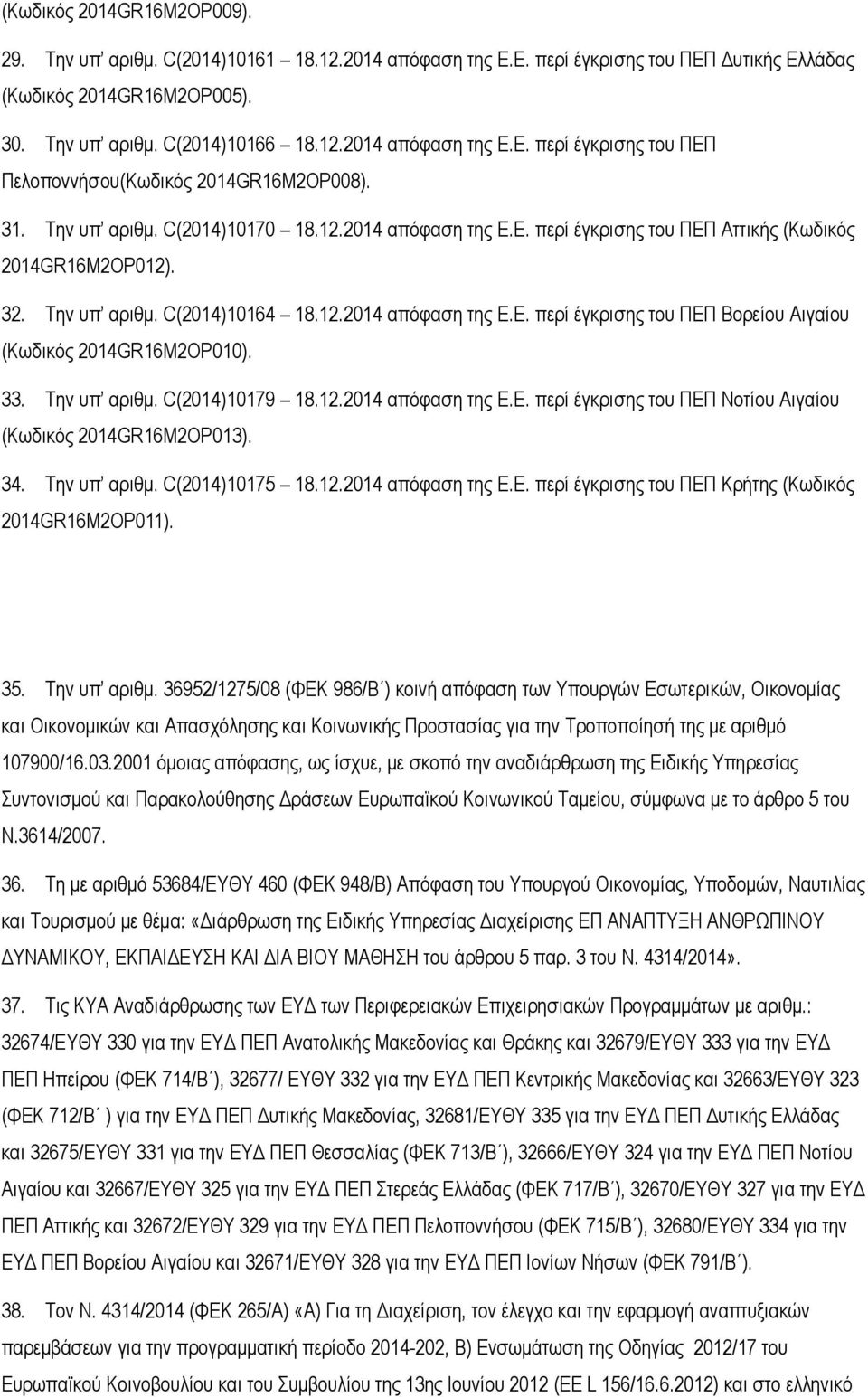 33. Την υπ αριθμ. C(2014)10179 18.12.2014 απόφαση της Ε.Ε. περί έγκρισης του ΠΕΠ Νοτίου Αιγαίου (Κωδικός 2014GR16M2OP013). 34. Την υπ αριθμ. C(2014)10175 18.12.2014 απόφαση της Ε.Ε. περί έγκρισης του ΠΕΠ Κρήτης (Κωδικός 2014GR16M2OP011).