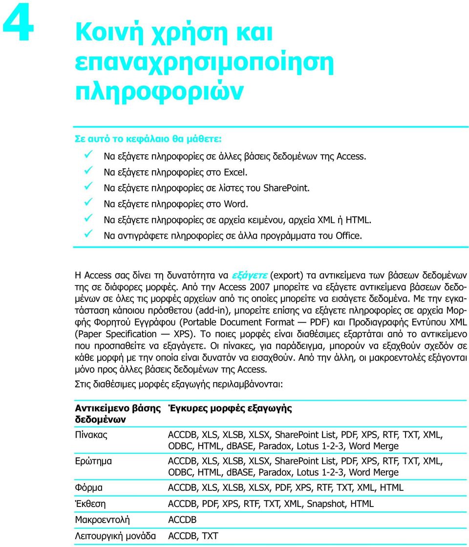 Να αντιγράφετε πληροφορίες σε άλλα προγράμματα του Office. Η Access σας δίνει τη δυνατότητα να εξάγετε (export) τα αντικείμενα των βάσεων δεδομένων της σε διάφορες μορφές.