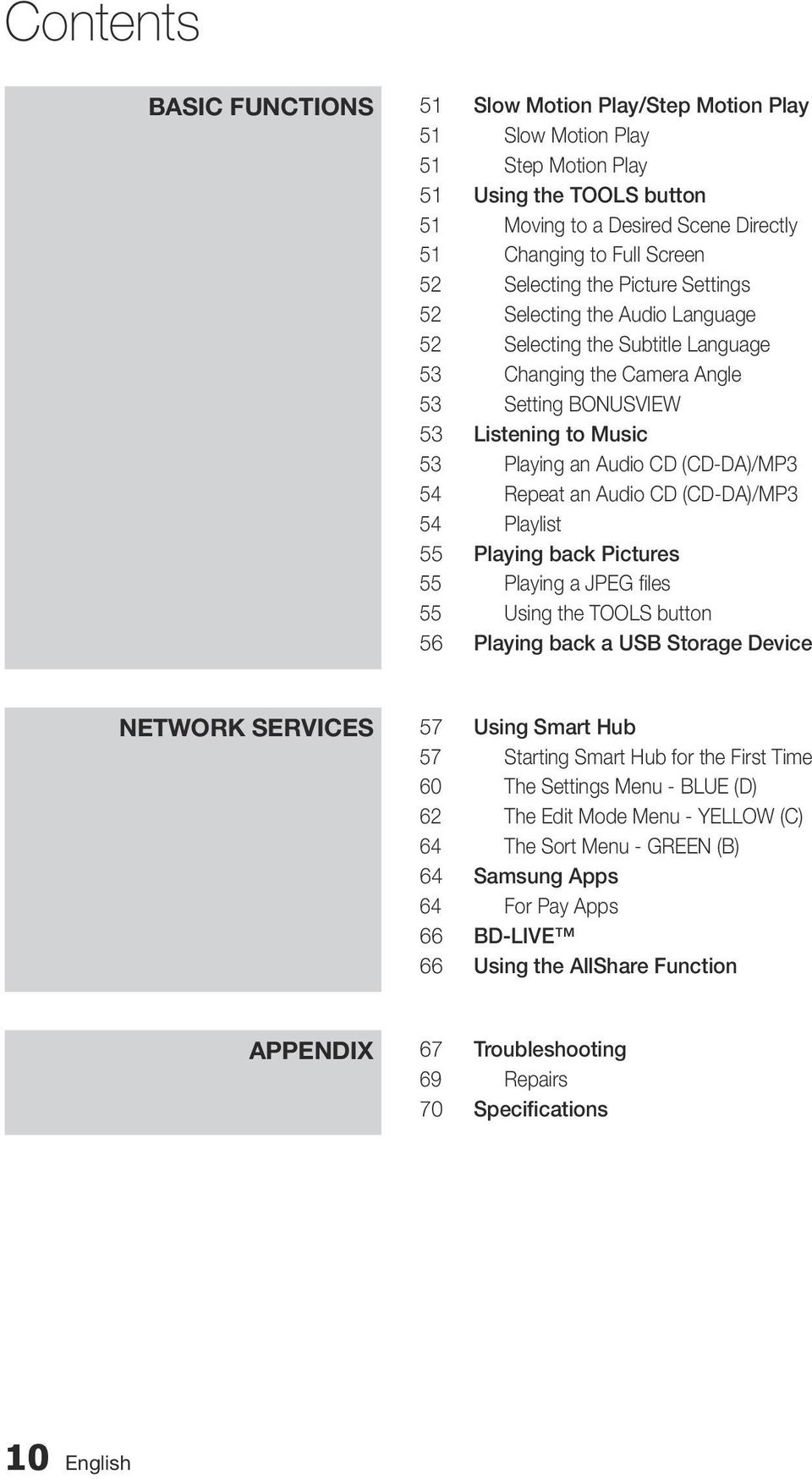 (CD-DA)/MP3 54 Repeat an Audio CD (CD-DA)/MP3 54 Playlist 55 Playing back Pictures 55 Playing a JPEG files 55 Using the TOOLS button 56 Playing back a USB Storage Device Network Services 57 Using