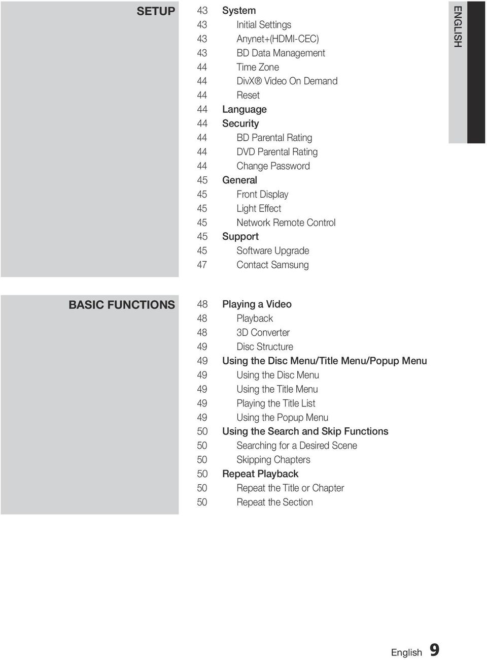 Playing a Video 48 Playback 48 3D Converter 49 Disc Structure 49 Using the Disc Menu/Title Menu/Popup Menu 49 Using the Disc Menu 49 Using the Title Menu 49 Playing the Title List 49