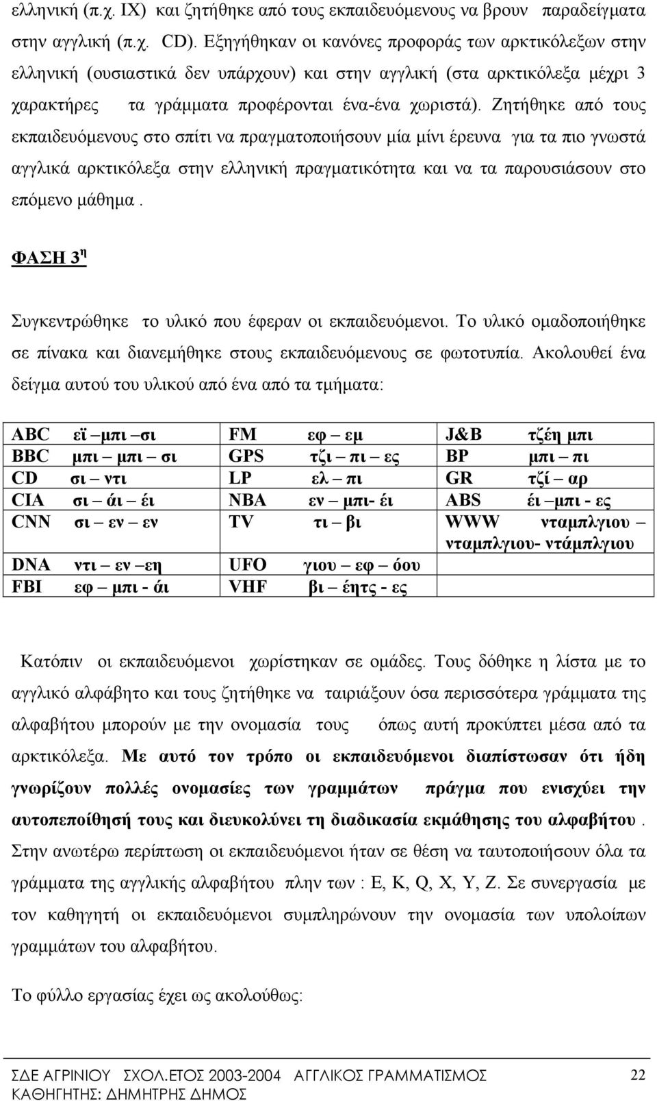 Ζητήθηκε από τους εκπαιδευόμενους στο σπίτι να πραγματοποιήσουν μία μίνι έρευνα για τα πιο γνωστά αγγλικά αρκτικόλεξα στην ελληνική πραγματικότητα και να τα παρουσιάσουν στο επόμενο μάθημα.