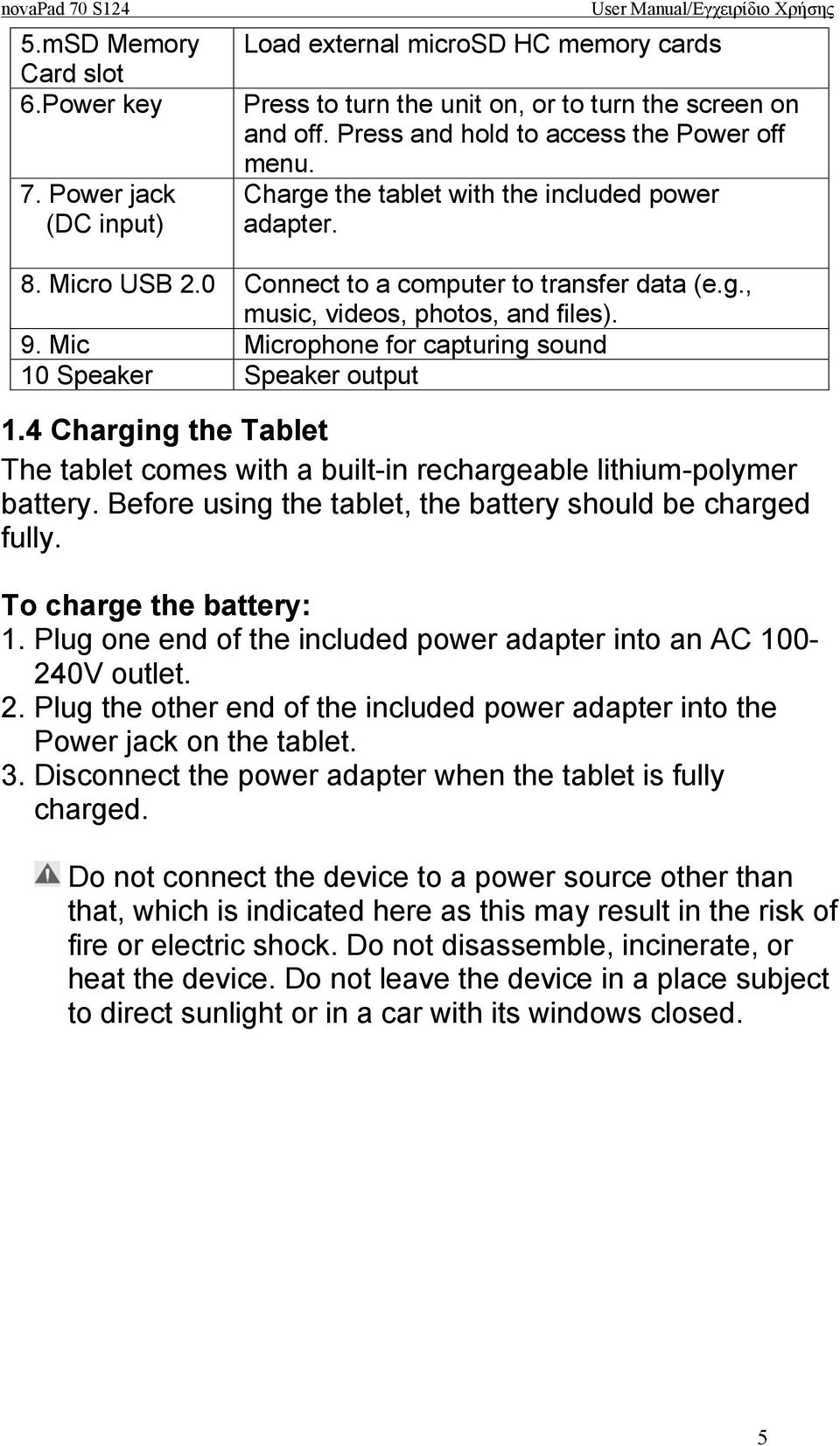 Mic Microphone for capturing sound 10 Speaker Speaker output 1.4 Charging the Tablet The tablet comes with a built-in rechargeable lithium-polymer battery.