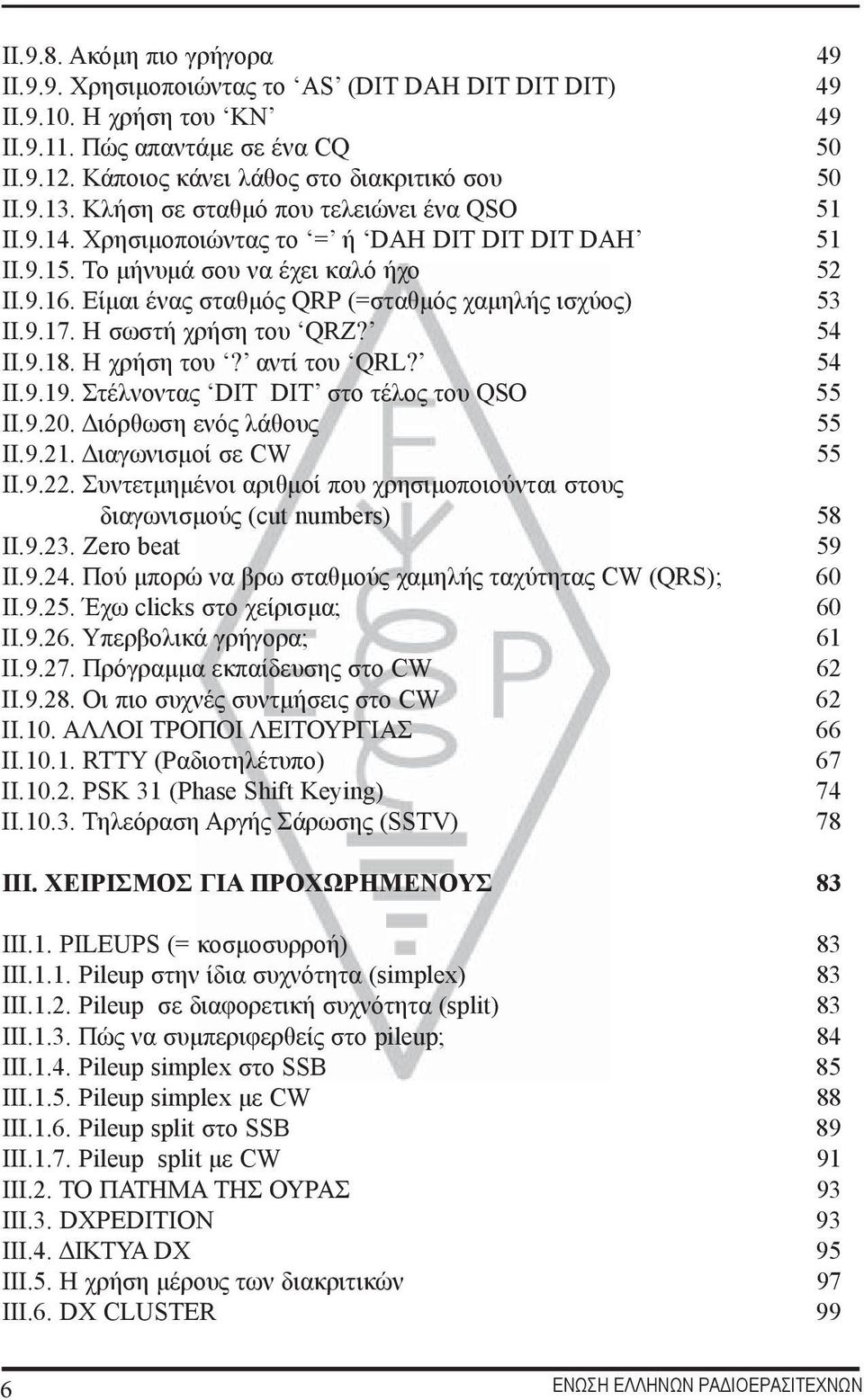 Είμαι ένας σταθμός QRP (=σταθμός χαμηλής ισχύος) 53 II.9.17. Η σωστή χρήση του QRZ? 54 II.9.18. Η χρήση του? αντί του QRL? 54 II.9.19. Στέλνοντας DIT DIT στο τέλος του QSO 55 II.9.20.