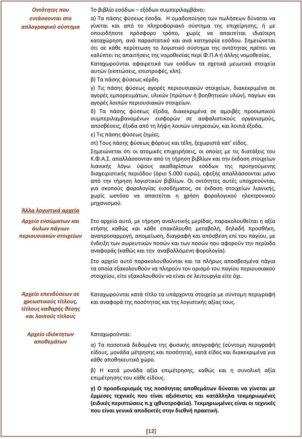 κατηγορία εσόδου. Σημειώνεται ότι σε κάθε περίπτωση το λογιστικό σύστημα της οντότητας πρέπει να καλύπτει τις απαιτήσεις της νομοθεσίας περί Φ.Π.Α ή άλλης νομοθεσίας.