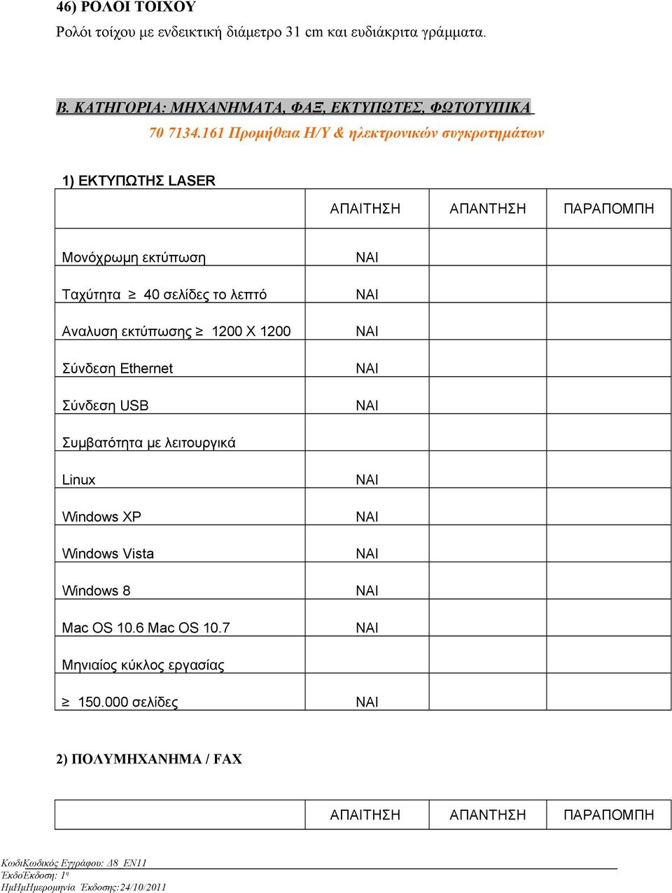 161 Προμήθεια Η/Υ & ηλεκτρονικών συγκροτημάτων 1) ΕΚΤΥΠΩΤΗΣ LASER ΑΠΑΙΤΗΣΗ ΑΠΑΝΤΗΣΗ ΠΑΡΑΠΟΜΠΗ Μονόχρωμη εκτύπωση Ταχύτητα 40