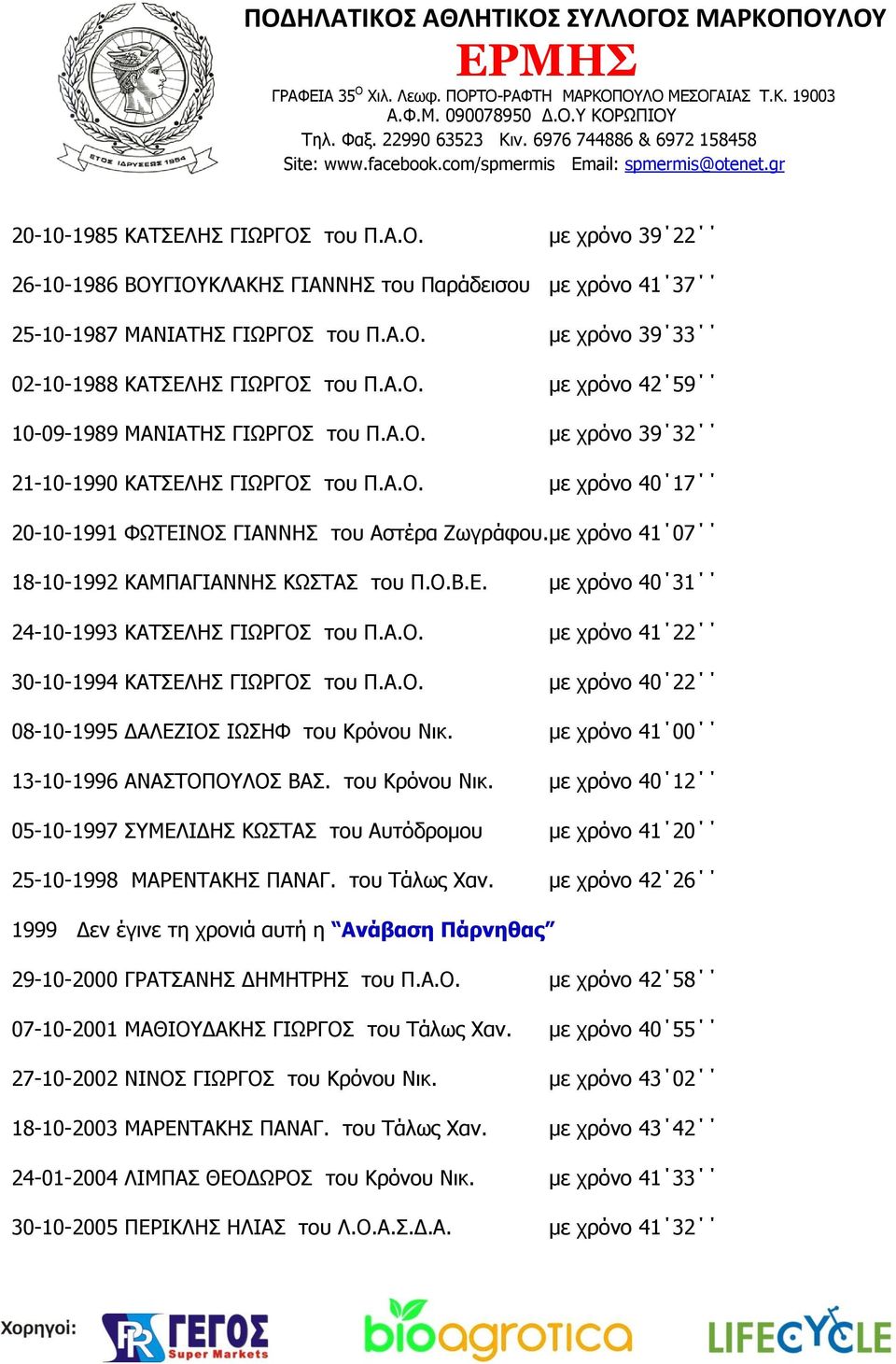 με χρόνο 41 07 18-10-1992 ΚΑΜΠΑΓΙΑΝΝΗΣ ΚΩΣΤΑΣ του Π.Ο.Β.Ε. με χρόνο 40 31 24-10-1993 ΚΑΤΣΕΛΗΣ ΓΙΩΡΓΟΣ του Π.Α.Ο. με χρόνο 41 22 30-10-1994 ΚΑΤΣΕΛΗΣ ΓΙΩΡΓΟΣ του Π.Α.Ο. με χρόνο 40 22 08-10-1995 ΔΑΛΕΖΙΟΣ ΙΩΣΗΦ του Κρόνου Νικ.