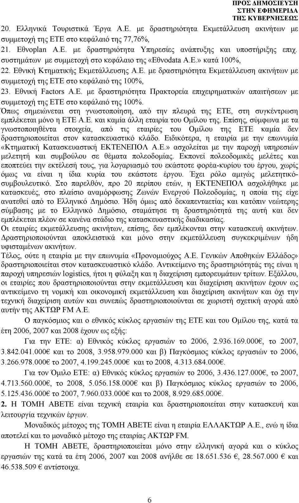 Εθνική Factors Α.Ε. με δραστηριότητα Πρακτορεία επιχειρηματικών απαιτήσεων με συμμετοχή της ΕΤΕ στο κεφάλαιό της 100%.