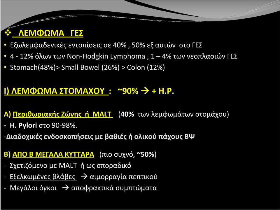 Α) ΠεριθωριακήςΖώνης ή MALT (40% τωνλεμφωμάτωνστομάχου) - H. Pylori στο90-98%.