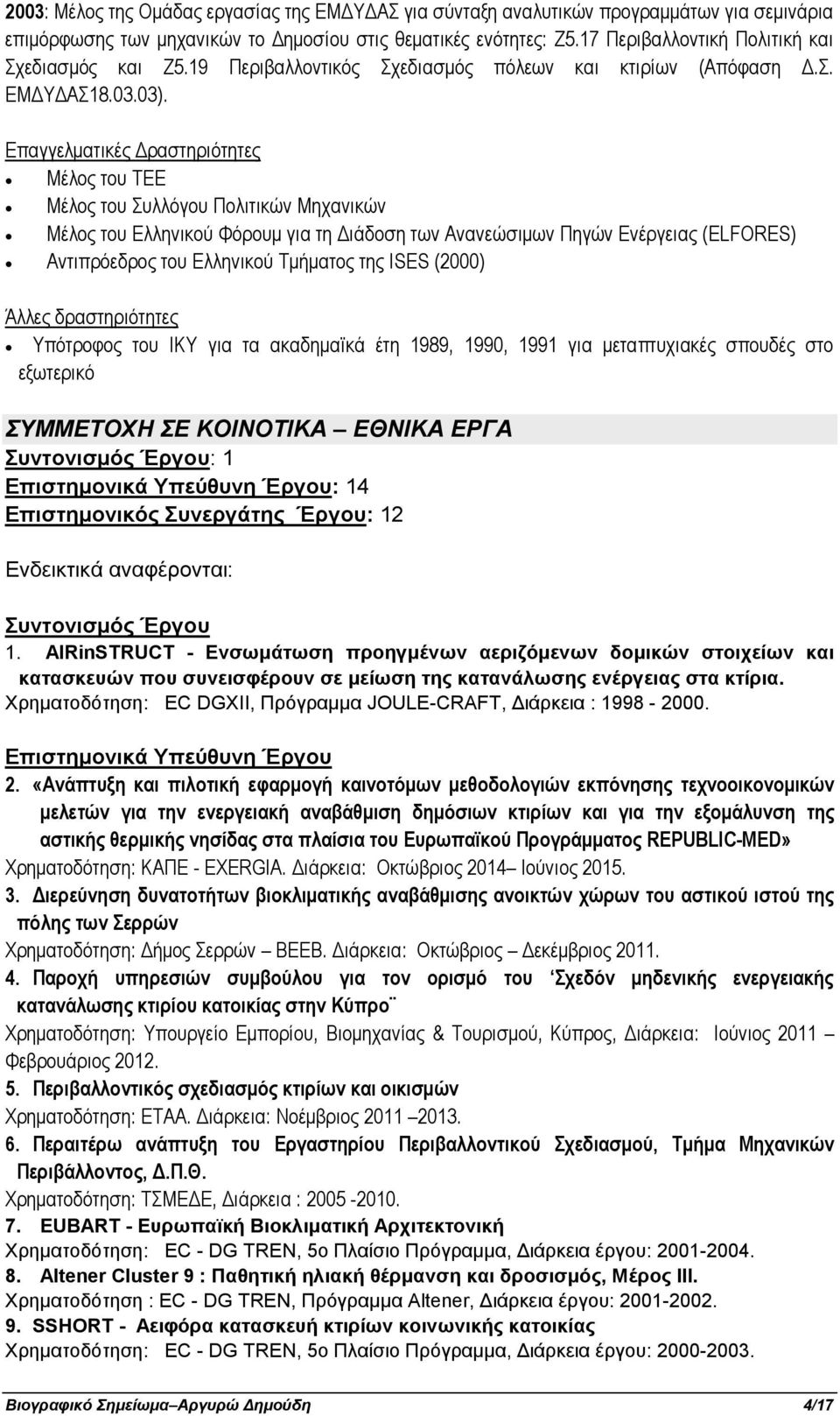 Επαγγελματικές Δραστηριότητες Μέλος του ΤΕΕ Μέλος του Συλλόγου Πολιτικών Μηχανικών Μέλος του Ελληνικού Φόρουμ για τη Διάδοση των Ανανεώσιμων Πηγών Ενέργειας (ELFORES) Αντιπρόεδρος του Ελληνικού