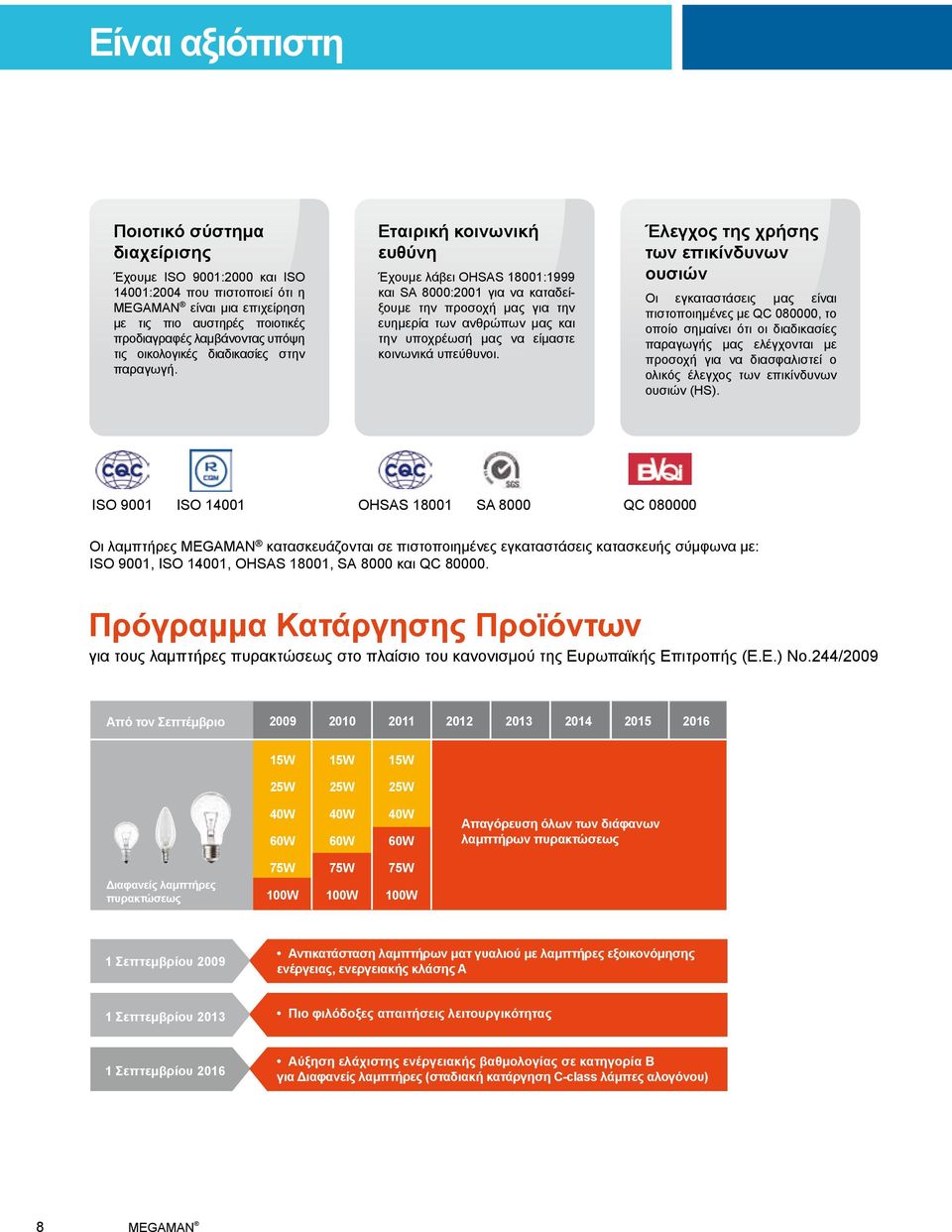 Εταιρική κοινωνική ευθύνη Έχουμε λάβει OHSAS 800:999 και SA 8000:200 για να καταδείξουμε την προσοχή μας για την ευημερία των ανθρώπων μας και την υποχρέωσή μας να είμαστε κοινωνικά υπεύθυνοι.