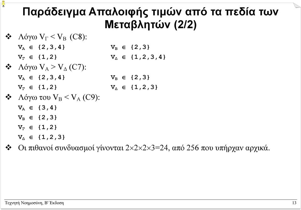 {1,2} V {1,2,3} Λόγω του V Β < V Α (C9): V Α {3,4} V Β {2,3} V Γ {1,2} V {1,2,3} Οι