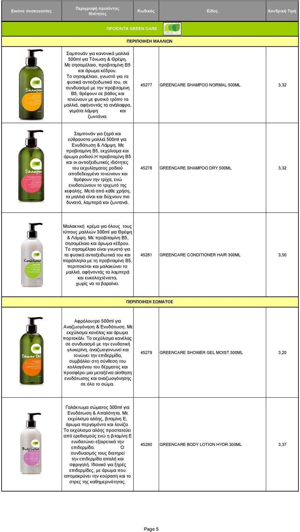 45277 GREENCARE SHAMPOO NORMAL 500ML 3,32 Σαμπουάν για ξηρά και εύθραυστα μαλλιά 500ml για Ενυδάτωση & Λάμψη. Mε προβιταμίνη B5, εκχύλισμα και άρωμα ροδιού.