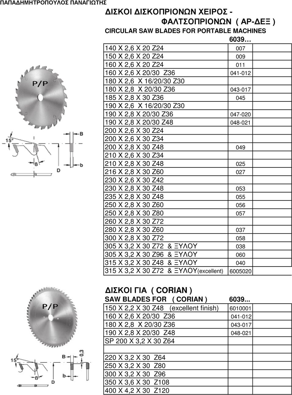 Ζ34 200 X 2,8 X 30 Z48 049 210 Χ 2,6 X 30 Ζ34 210 X 2,8 X 30 Z48 025 216 Χ 2,8 X 30 Ζ60 027 230 Χ 2,6 X 30 Ζ42 230 X 2,8 X 30 Z48 053 235 X 2,8 X 30 Z48 055 250 X 2,8 X 30 Z60 056 250 X 2,8 X 30 Z80