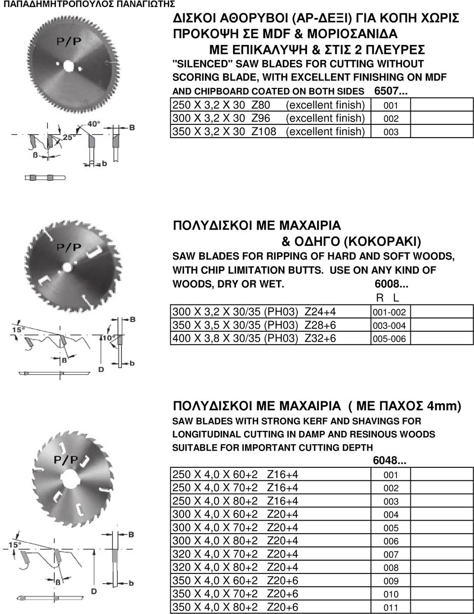 .. 250 Χ 3,2 Χ 30 Ζ80 (excellent finish) 001 300 Χ 3,2 X 30 Z96 (excellent finish) 002 350 X 3,2 X 30 Z108 (excellent finish) 003 ΠΟΛΥ ΙΣΚΟΙ ΜΕ ΜΑΧΑΙΡΙΑ & Ο ΗΓΟ (ΚΟΚΟΡΑΚΙ) SAW BLADES FOR RIPPING OF