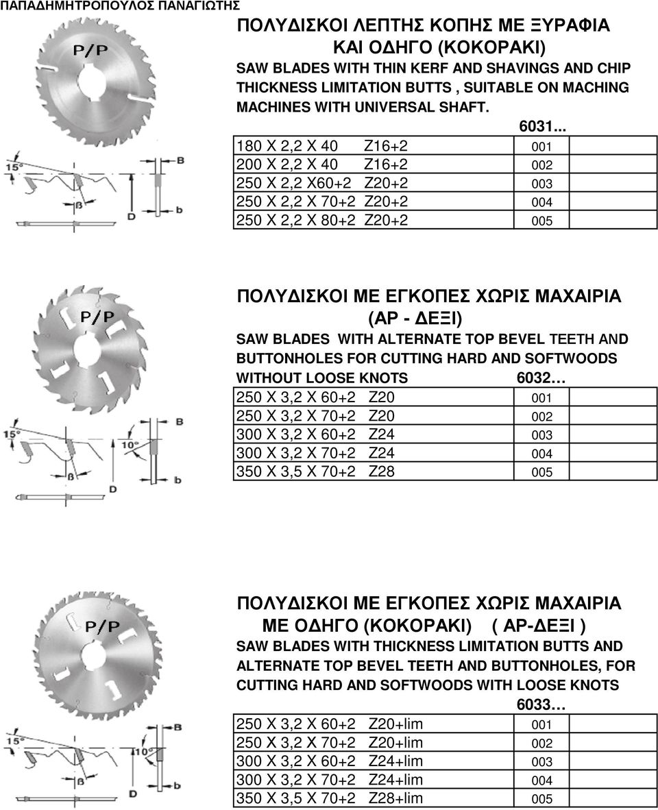 ALTERNATE TOP BEVEL ΤΕΕΤΗ ΑΝD BUTTONHOLES FOR CUTTING HARD AND SOFTWOODS WITHOUT LOOSE KNOTS 6032 250 X 3,2 X 60+2 Z20 001 250 X 3,2 X 70+2 Z20 002 300 X 3,2 X 60+2 Z24 003 300 X 3,2 X 70+2 Z24 004