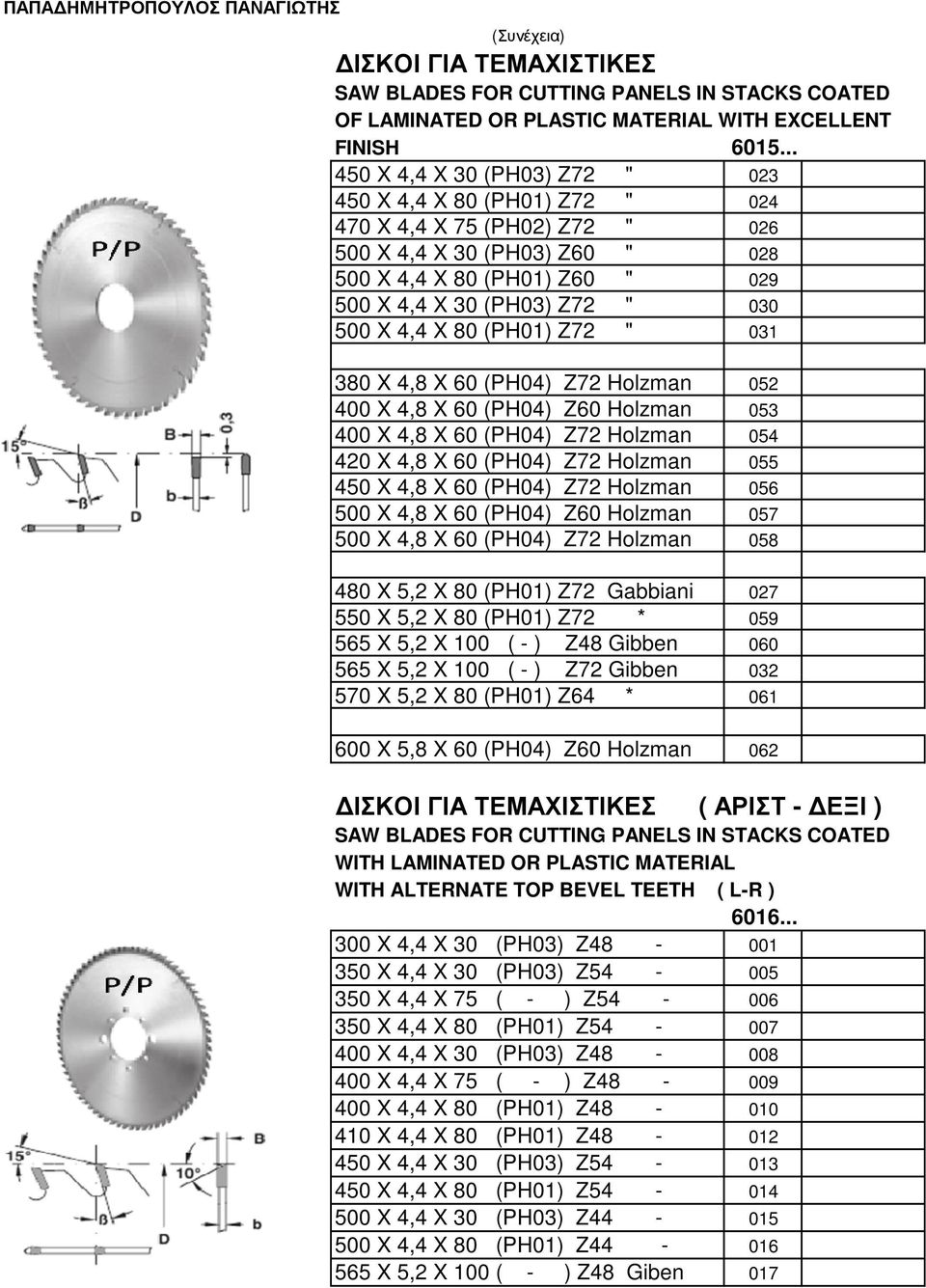 X 4,4 X 80 (PH01) Z72 " 031 380 X 4,8 X 60 (PH04) Z72 Holzman 052 400 X 4,8 X 60 (PH04) Z60 Holzman 053 400 X 4,8 X 60 (PH04) Z72 Holzman 054 420 X 4,8 X 60 (PH04) Z72 Holzman 055 450 X 4,8 X 60