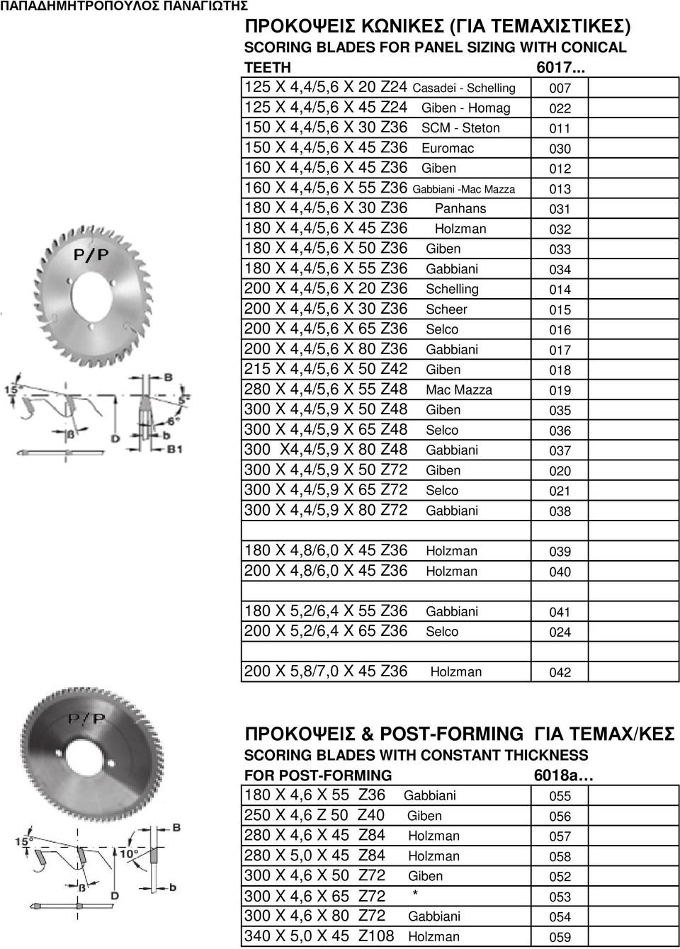 160 X 4,4/5,6 X 55 Z36 Gabbiani -Mac Mazza 013 180 X 4,4/5,6 X 30 Z36 Panhans 031 180 X 4,4/5,6 X 45 Z36 Holzman 032 180 X 4,4/5,6 X 50 Z36 Giben 033 180 X 4,4/5,6 X 55 Z36 Gabbiani 034 200 X 4,4/5,6