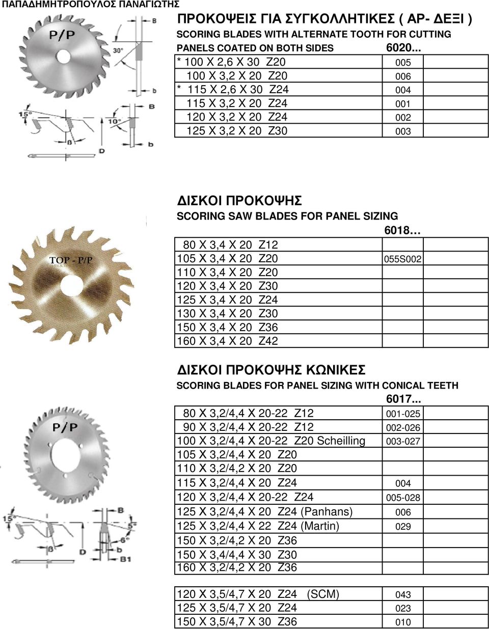 6018 80 X 3,4 X 20 Z12 105 Χ 3,4 Χ 20 Ζ20 055S002 110 X 3,4 X 20 Z20 120 X 3,4 X 20 Z30 125 X 3,4 X 20 Z24 130 X 3,4 X 20 Z30 150 X 3,4 X 20 Z36 160 X 3,4 X 20 Z42 ΙΣΚΟΙ ΠΡΟΚΟΨΗΣ ΚΩΝΙΚΕΣ SCORING