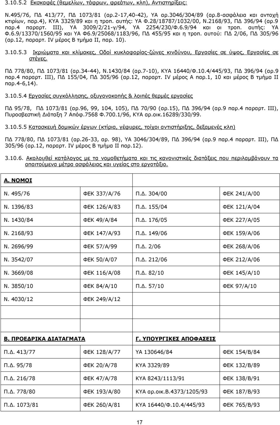 9/25068/1183/96, ΠΔ 455/95 και η τροπ. αυτού: ΠΔ 2/06, ΠΔ 305/96 (αρ.12, παραρτ. IV μέρος Β τμήμα ΙΙ, παρ. 10). 3.10.5.3 Ικριώματα και κλίμακες, Οδοί κυκλοφορίας-ζώνες κινδύνου, Εργασίες σε ύψος, Εργασίες σε στέγες.