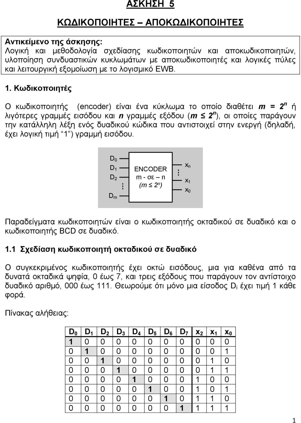 Κωδικοποιητές Ο κωδικοποιητής (encoder) είναι ένα κύκλωμα το οποίο διαθέτει m = 2 n ή λιγότερες γραμμές εισόδου και n γραμμές εξόδου (m 2 n ), οι οποίες παράγουν την κατάλληλη λέξη ενός δυαδικού