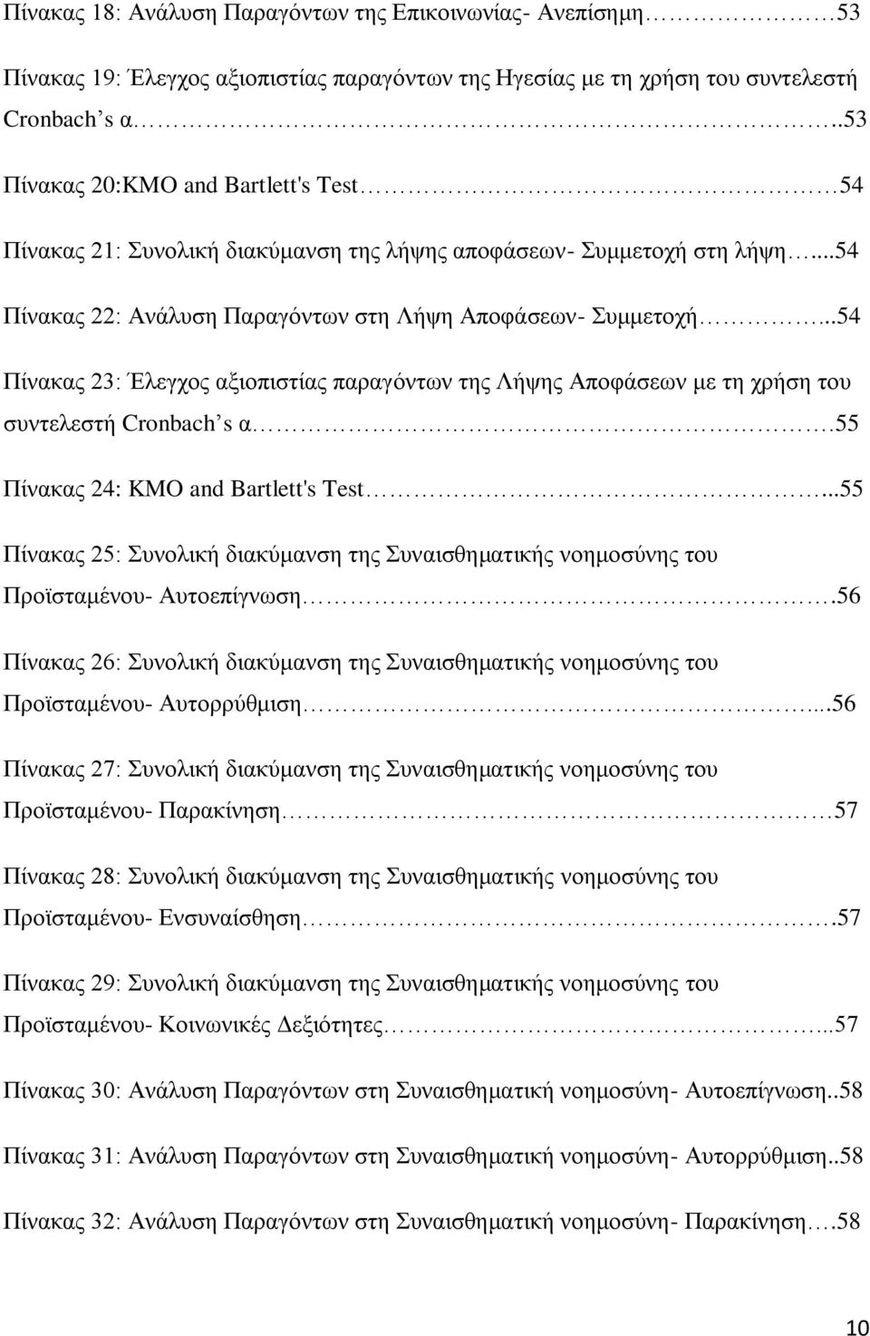 ..54 Πίνακας 23: Έλεγχος αξιοπιστίας παραγόντων της Λήψης Αποφάσεων με τη χρήση του συντελεστή Cronbach s α.55 Πίνακας 24: KMO and Bartlett's Test.