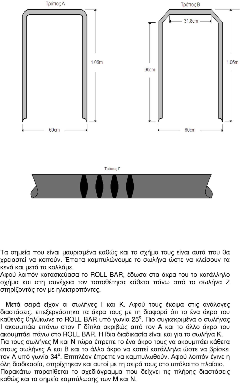 Μετά σειρά είχαν οι σωλήνες Ι και Κ. Αφού τους έκοψα στις ανάλογες διαστάσεις, επεξεργάστηκα τα άκρα τους µε τη διαφορά ότι το ένα άκρο του καθενός θηλύκωνε το ROLL BAR υπό γωνία 25 ο.