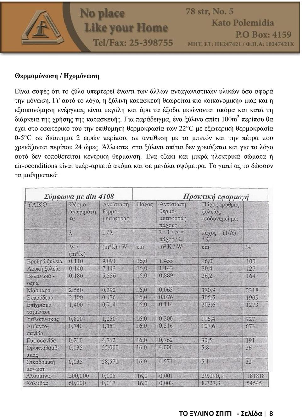 Για παράδειγμα, ένα ξύλινο σπίτι 100m 2 περίπου θα έχει στο εσωτερικό του την επιθυμητή θερμοκρασία των 22 C με εξωτερική θερμοκρασία 0-5 C σε διάστημα 2 ωρών περίπου, σε αντίθεση με το μπετόν και