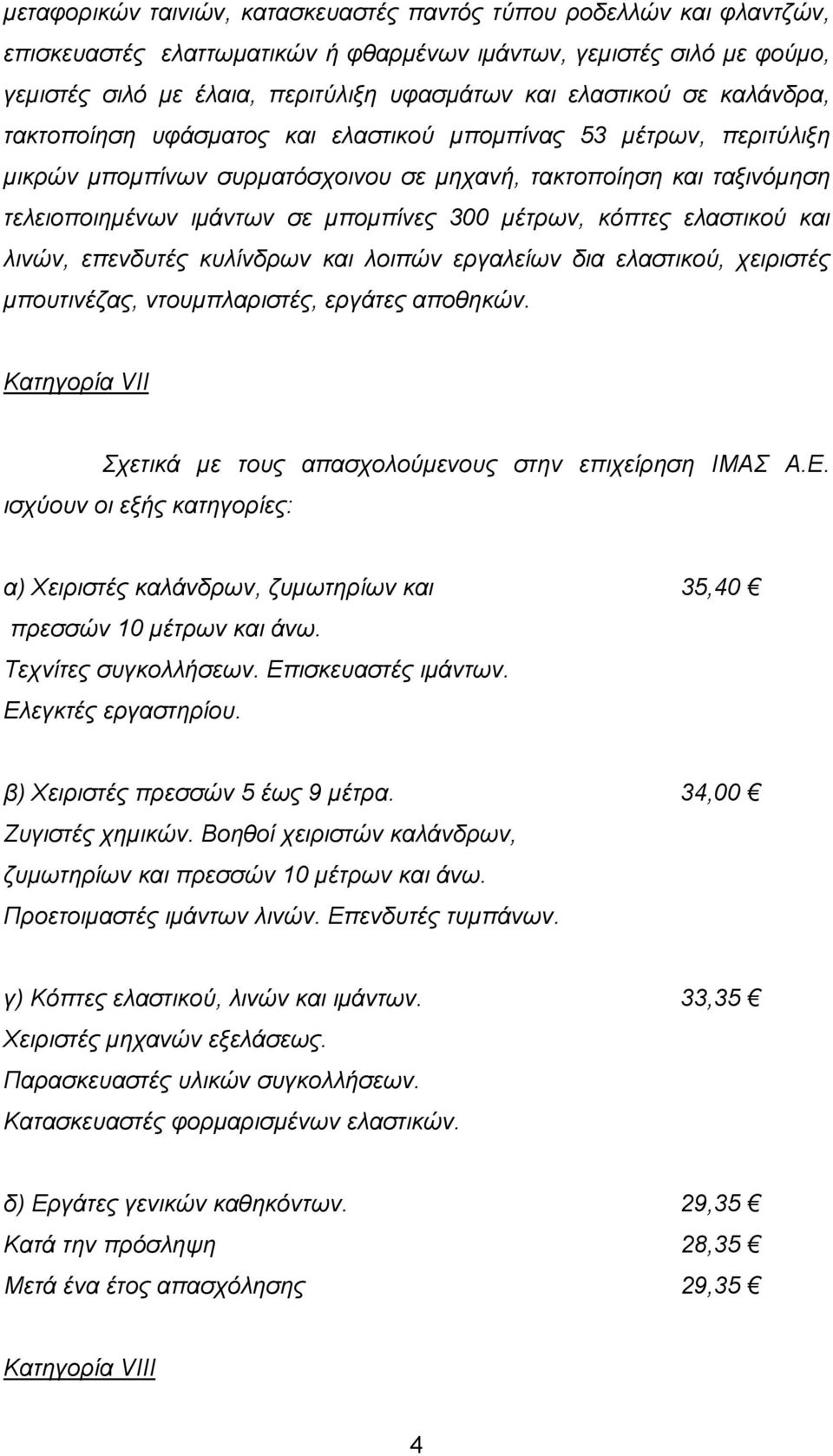 300 µέτρων, κόπτες ελαστικού και λινών, επενδυτές κυλίνδρων και λοιπών εργαλείων δια ελαστικού, χειριστές µπουτινέζας, ντουµπλαριστές, εργάτες αποθηκών.