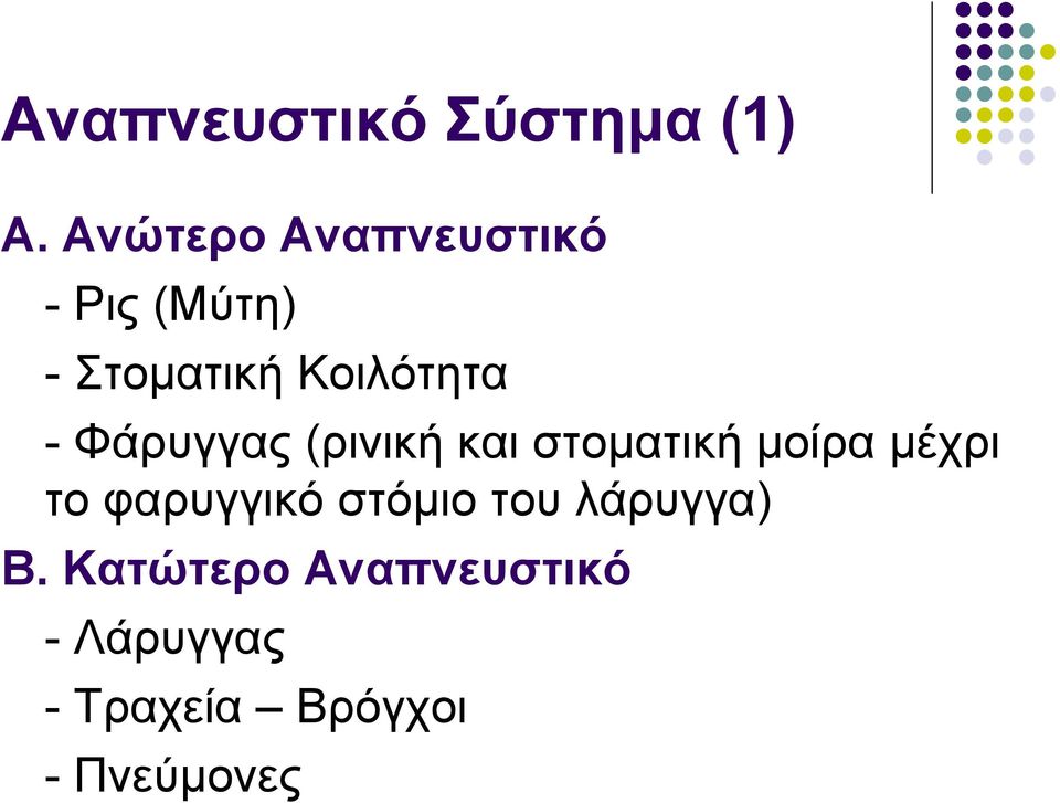 - Φάρυγγας (ρινική και στοματική μοίρα μέχρι το