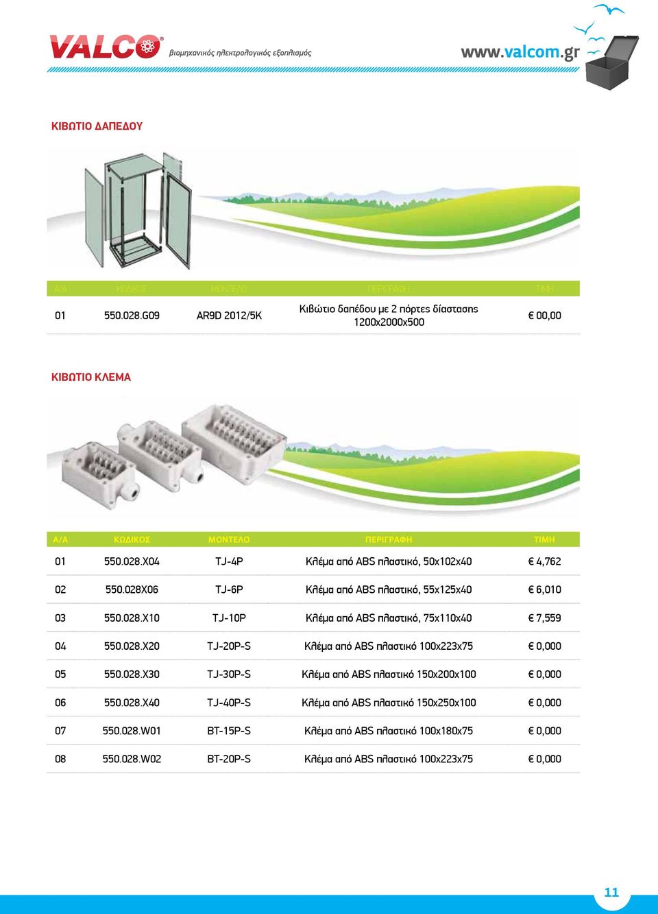 X04 TJ-4P Κλέμα από ABS πλαστικό, 50x102x40 4,762 02 550.028X06 TJ-6P Κλέμα από ABS πλαστικό, 55x125x40 6,010 03 550.028.X10 TJ-10P Κλέμα από ABS πλαστικό, 75x110x40 7,559 04 550.